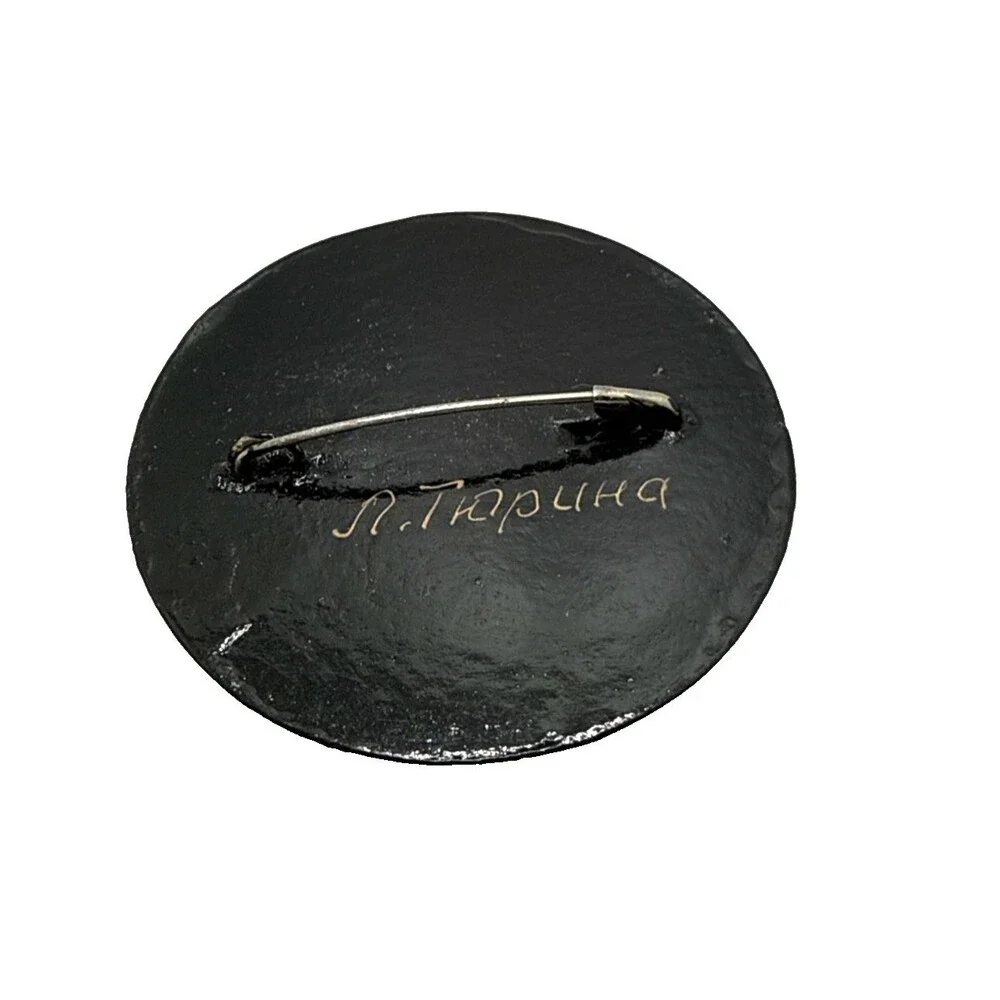 Vintage Russian Black Lacquer Floral Brooch Papier-mâché Hand Painted Pin 2
